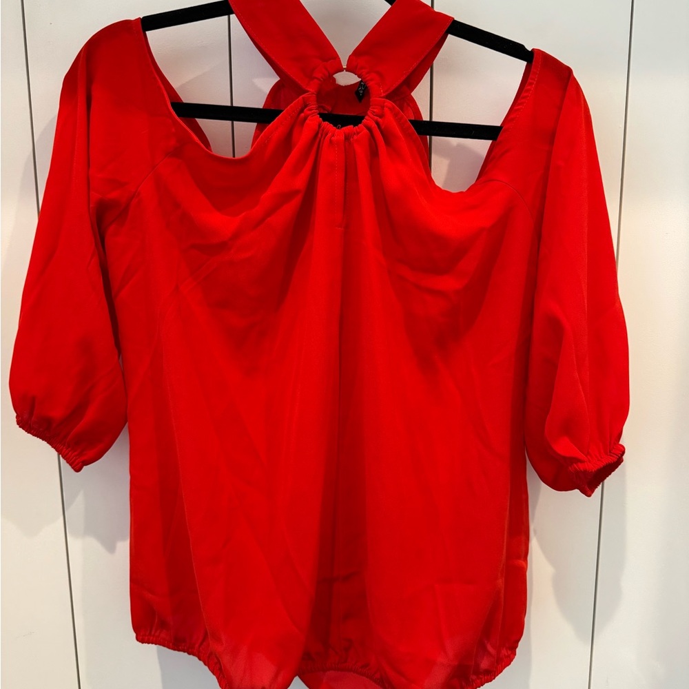 New York & Company Red Blouse with Cutout Neckline and 3/4 Sleeves